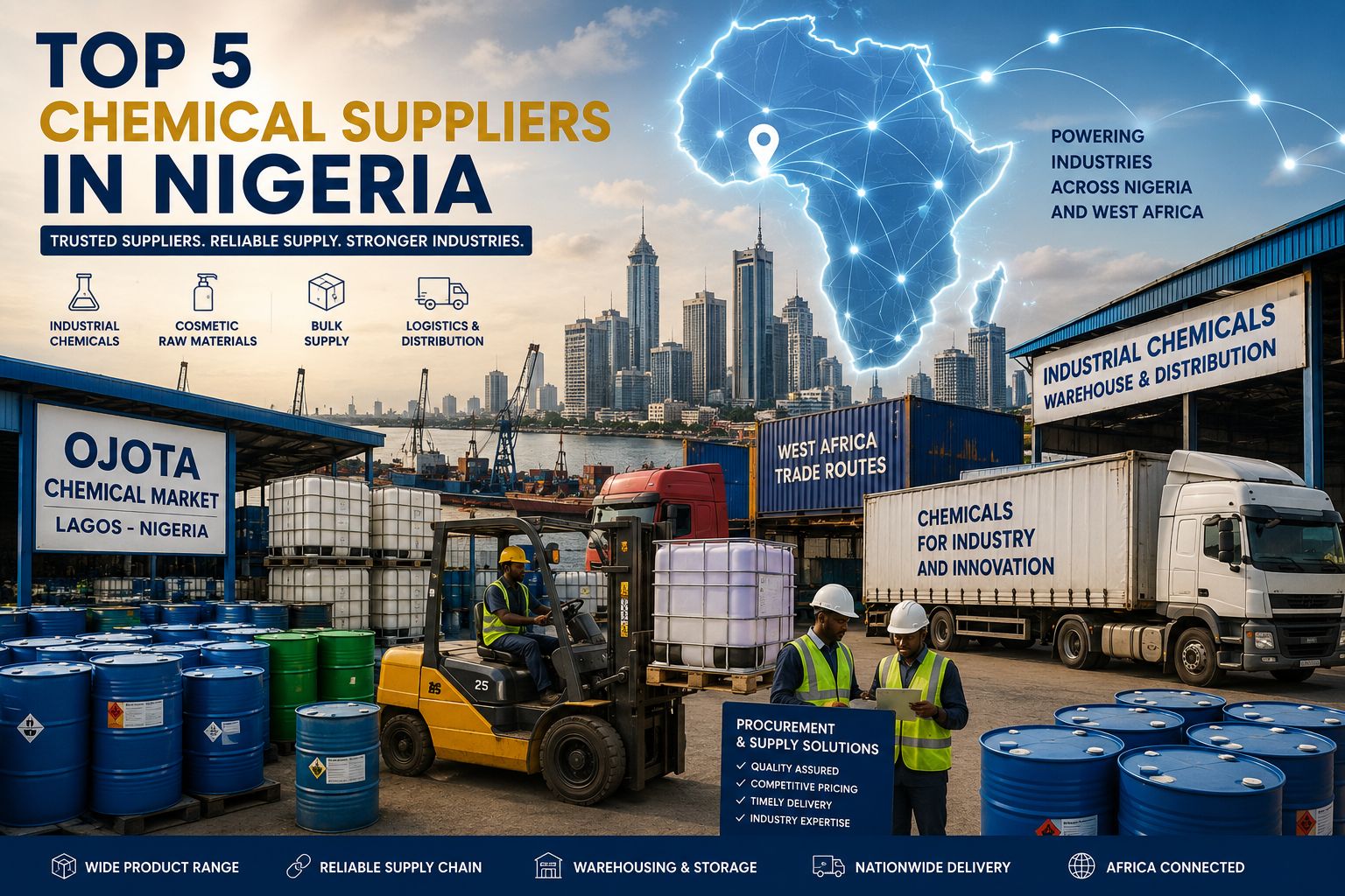 Top 5 Chemical Suppliers in Nigeria (2026 Verified List) showing industrial warehouses, chemical drums, logistics trucks, and Lagos supply chain infrastructure.